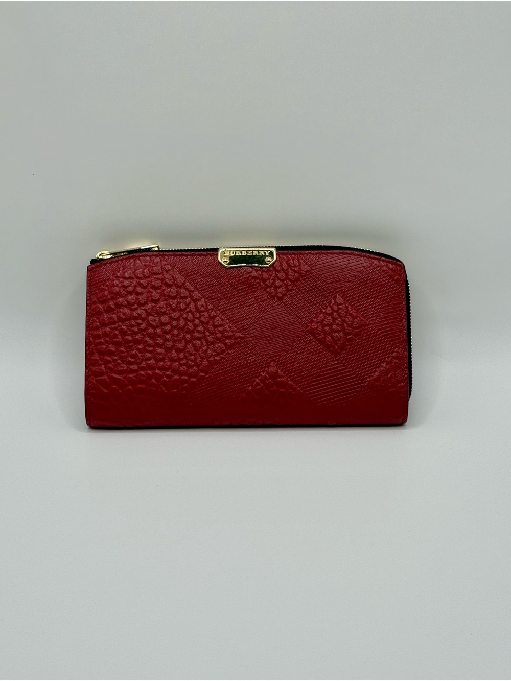 Burberry Red Embossed Leather Zip-Around Wallet with Gold Plate Pre-Owned